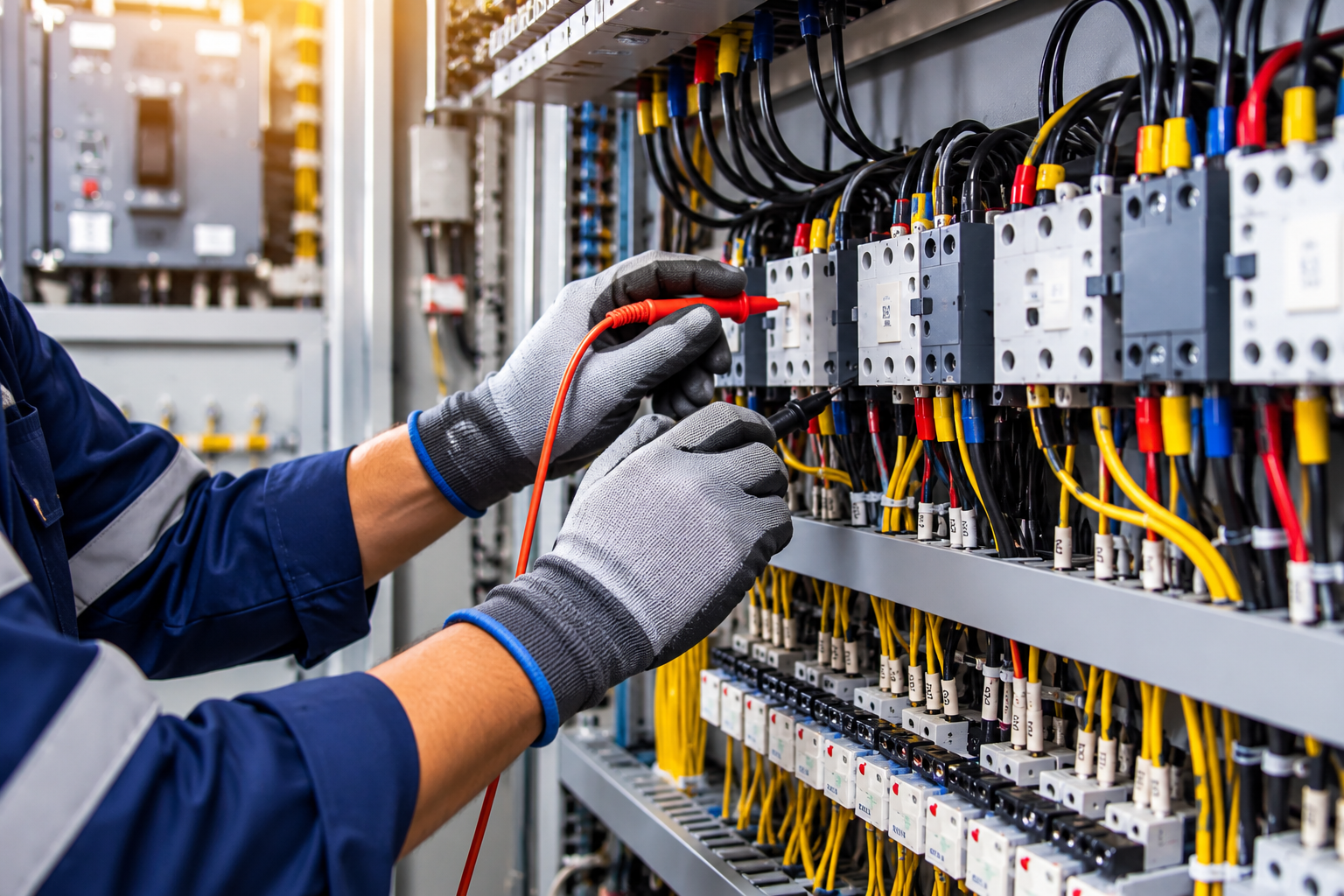 Electrician testing switchgear with a multimeter